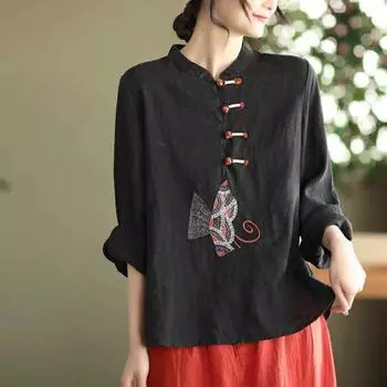 Женский свободный топ с вышивкой на весну и лето, длинный рукав, хлопковая льняная рубашка, топ на пуговицах 4XL