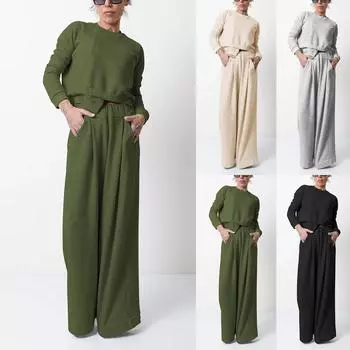 Женский свободный топ, широкие брюки, модный и досуговый комплект из двух предметов, ленивый стиль, комплект высокого уровня L бежевый