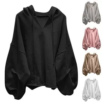 Женский свободный топ в стиле ленивой моды с V-образным вырезом и длинными рукавами с капюшоном L чёрный