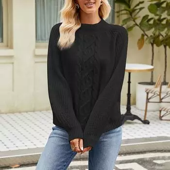 Женский свободный трикотажный джемпер с круглым вырезом и рукавами L чёрный