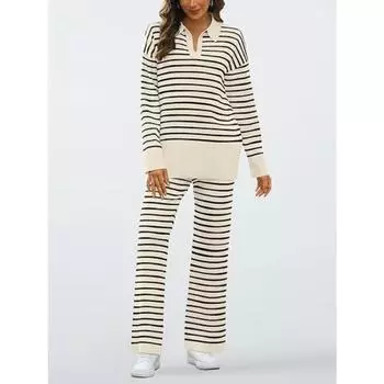 Женский свободный трикотажный костюм с длинным рукавом и полосатым воротником-поло на весну и осень S абрикосовый