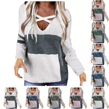 Женский свободный трикотажный свитер с V-образным вырезом и контрастным цветным принтом, футболка для женщин L темно-зеленого