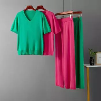 Женский свободный трикотажный топ с V-образным вырезом из двух частей с высокой талией и прямыми брюками, брюки, костюмы OneSize чёрный