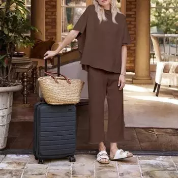 Женский свободный удобный модный и повседневный пуловер с коротким рукавом, брюки с широкими штанинами, комплект из двух предметов XS коричневый