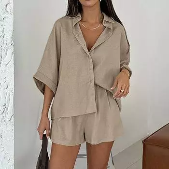 Женский свободный, удобный, повседневный и модный комплект из двух предметов: топ с короткими рукавами и шорты XXL хаки