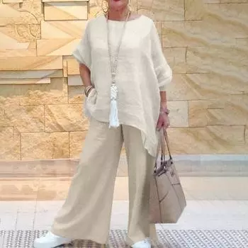 Женский свободный удобный повседневный модный хлопковый льняной асимметричный комплект с длинными рукавами и широкими брюками из двух предметов XL бежевый