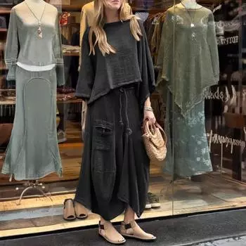 Женский свободный удобный повседневный модный однотонный топ с длинными рукавами, однотонная юбка, комплект из двух предметов S чёрный