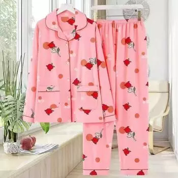 Женский свободный весенне-осенний топ с лацканами и застежкой на пуговицы + широкие брюки для дома из двух предметов 7XL