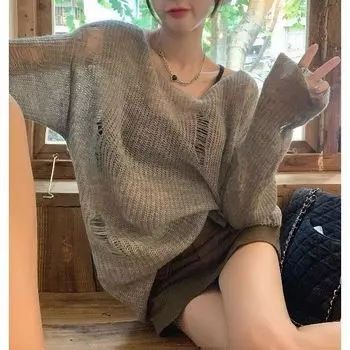 Женский свободный вязаный ажурный свитер с защитой от солнца, топы с ленивым ветром Y2K, тонкая верхняя одежда, пуловер, готические свитера, большие размеры ONE SIZE розовый