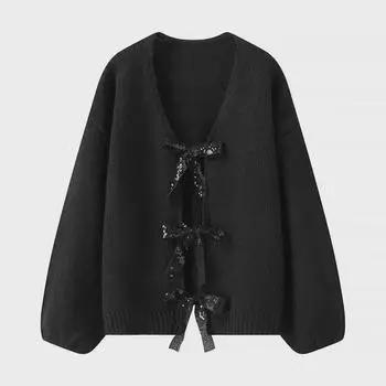 Женский свободный вязаный кардиган с бантом и пайетками, весна 2024 г. Large чёрный