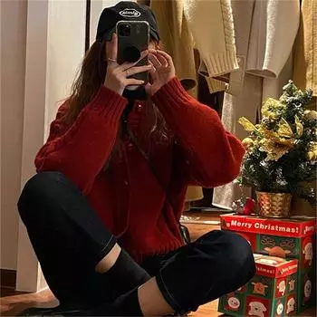 Женский свободный вязаный кардиган с жареным тестом, свитер в стиле ретро One Size красный