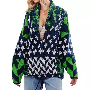 Женский свободный вязаный свитер с длинными рукавами и принтом на лацканах One Size армия зеленый