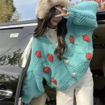 Женский свободный жакет кардиган с V-образным вырезом нежный свитер с клубничным узором One Size синий