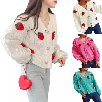Женский свободный жакет кардиган с V-образным вырезом нежный свитер с клубничным узором One Size синий