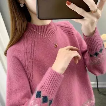 Женский свободный жаккардовый трикотажный свитер с полувысокой горловиной на осень и зиму S розы красного