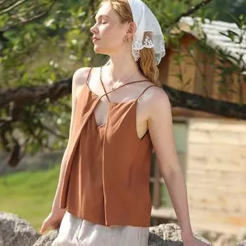 Женский свободный жилет без рукавов с двойным ремешком Johnature на французских подтяжках для лета и пляжа, отдыха на пляже M кофейный