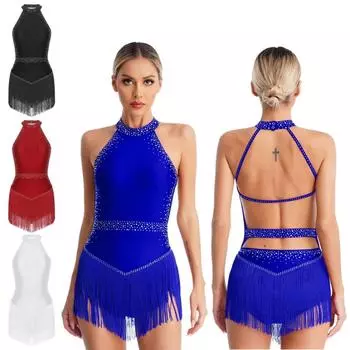 Женский танцевальный костюм для латинского танго, сальсы, танцевальный купальник с кисточками, танцевальная одежда без рукавов с лямкой на шее, боди с открытой спиной и бахромой S бордовый