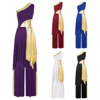 Женский танцевальный костюм Praise, платье в стиле пэчворк на одно плечо с широкими брюками для выступлений на сцене S чёрный