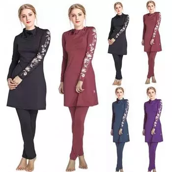 Женский танкини, 3 предмета, бикини с длинным рукавом, мусульманский полный охват, женский купальник, мусульманская кепка, топы, брюки, комплект, купальный костюм