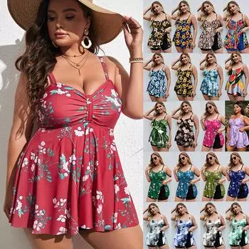 Женский танкини с цветочным принтом больших размеров, купальник с контролем живота, топ на бретелях, купальник в стиле ретро с принтом, купальный костюм из двух предметов 0XL красный