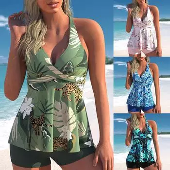 Женский танкини с цветочным принтом больших размеров, купальник с контролем живота, топ на бретелях, купальник в стиле ретро с принтом, купальный костюм из двух предметов S зелёный