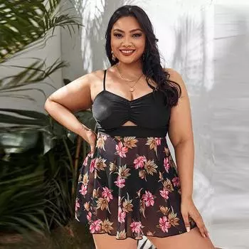 Женский танкини с цветочным принтом больших размеров, купальник с контролем живота, топ на бретелях, купальник в стиле ретро с принтом, купальный костюм из двух предметов 0XL чёрный