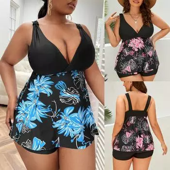 Женский танкини с цветочным принтом больших размеров, купальник с контролем живота, топ на бретелях, купальник в стиле ретро с принтом, купальный костюм из двух предметов 0XL розовый
