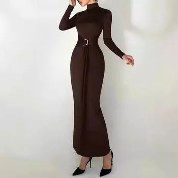 Женский темперамент элегантный утягивающий трикотажный однотонный цвет с высокой талией и высоким воротом S темно-коричневого