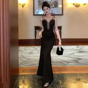 Женский темперамент черный заказ бриллиант вечернее тонкое платье платье длинное платье S чёрный
