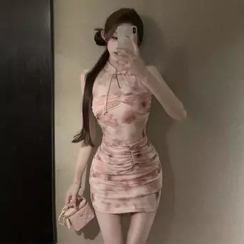 Женский темперамент девушка улучшенный чонсам плиссированное облегающее платье S розовый