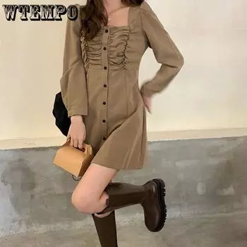 Женский темперамент Ретро Квадратный воротник Платье Плиссированный Однобортный Корейский С длинными рукавами A-line Костюм Платья S хаки