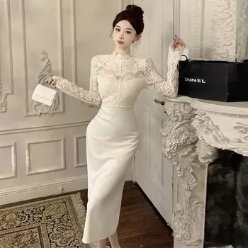 Женский темперамент светская львица кружево сращивание полые тонкие платье S белый