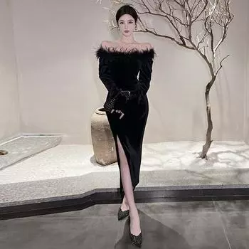 Женский темперамент светская львица Мао Мао платье с разрезом платье S чёрный