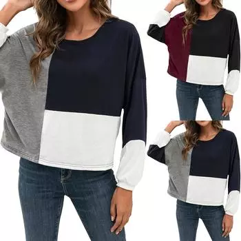 Женский темпераментный цветной топ с длинными рукавами и круглым вырезом со свободной строчкой L тёмно-синий