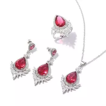Женский темпераментный комплект украшений из длинных колец, сережек, ожерелья, женский модный комплект украшений из циркония для пригородных поездок Size 6 ring three-piece set розы красного