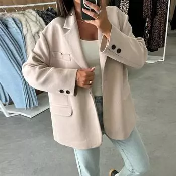 Женский темпераментный модный шерстяной пиджак осенний однотонный цвет с лацканами и длинными рукавами на пуговицах для поездок на работу S белый