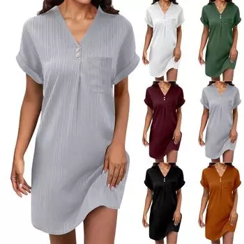 Женский темпераментный однотонный пуловер с V-образным вырезом, удобное повседневное платье на пуговицах L армия зеленый