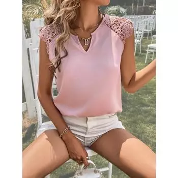 Женский темпераментный топ с V-образным вырезом и кружевными рукавами в стиле пэчворк для женщин, футболки XXL белый