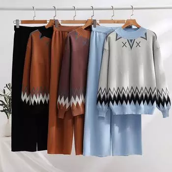 Женский темпераментный вязаный костюм из двух частей, свободный свитер, широкие брюки One Size чёрный