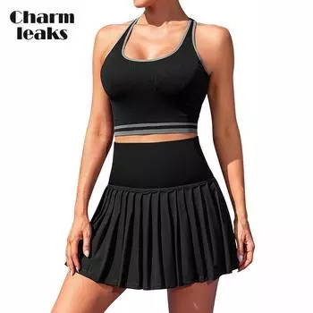 Женский теннисный комплект Charmleaks, комплект из 2 предметов, теннисные платья, комплекты с плиссированной юбкой с высокой талией, бесшовная одежда для бадминтона с цветными блоками S
