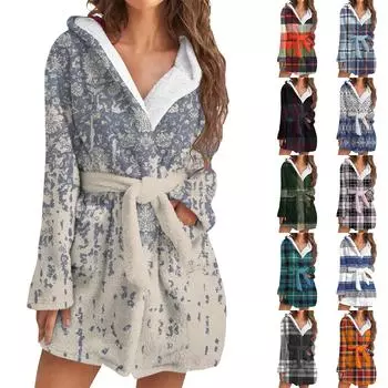 Женский теплый фланелевый халат с длинными рукавами, осенне-зимний, с разноцветной строчкой в клетку L армия зеленый