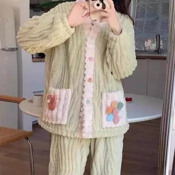 Женский теплый комплект из 2 предметов: свободный кардиган с эластичным поясом и штаны, цветочная бархатная пижама, домашний женский осенне-зимний шерстяной теплый комплект One Size зелёный