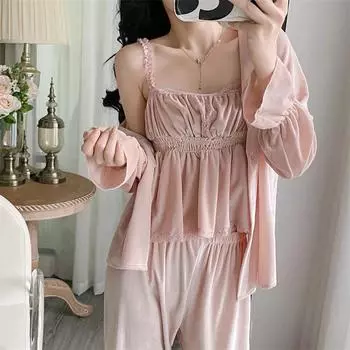 Женский теплый комплект пижам из 3 предметов, ночное белье, осенняя новая золотая велюровая домашняя одежда, сексуальный топ и брюки на бретельках, свободная ночная рубашка, бархатное нижнее белье M розовый