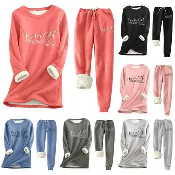 Женский теплый костюм с принтом и круглым вырезом, флисовый свитер с длинными рукавами, спортивные штаны на шнурке, комплект из двух предметов S