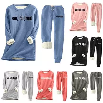 Женский теплый костюм с принтом и круглым вырезом, флисовый свитер с длинными рукавами, спортивные штаны на шнурке, комплект из двух предметов XXXXXL синий