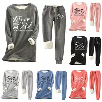 Женский теплый костюм с принтом и круглым вырезом, флисовый свитер с длинными рукавами, спортивные штаны на шнурке, комплект из двух предметов M