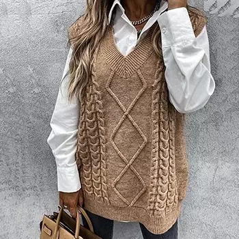Женский теплый модный вязаный жилет с V-образным вырезом и узором «Аргайл», осенне-зимний однотонный свитер без рукавов, свободная универсальная трикотажная майка S белый