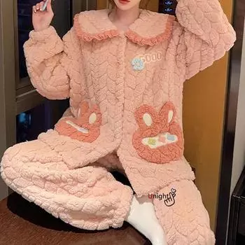 Женский теплый пижамный комплект Зимняя утолщенная зимняя коралловая бархатная пижама Фланель большого размера Пижама Домашняя одежда M