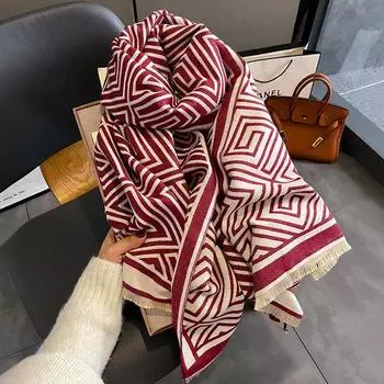 Женский теплый шарф-одеяло, квадратные зимние шали, большие бесконечные шарфы, полосатый клетчатый шарф 65x185cm