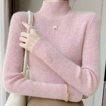Женский теплый свитер нежно-розового цвета с полуводолазкой, осень-зима, облегающий внутренний слой, базовый топ S розовый